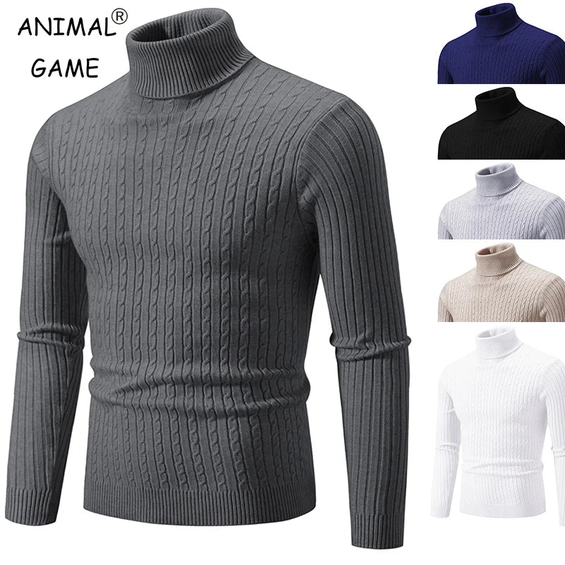 Men's High Neck Woolen Pullover Sweater - Solid Color Turtleneck for Winter Outdoor Wear