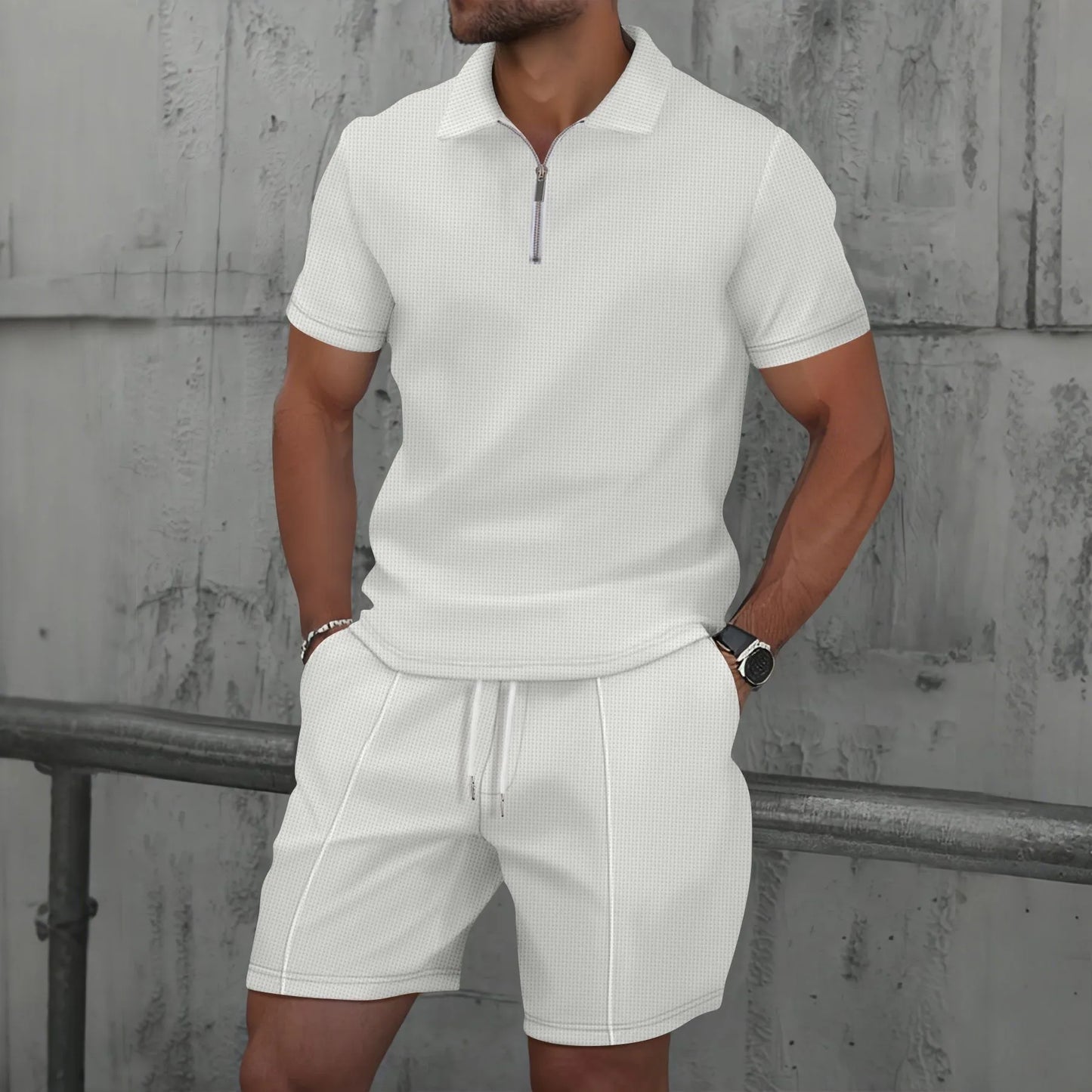 2025 Men's Summer Waffle Solid Color Zip-Up Lapel Short Sleeve Suit and Shorts Set - Europe and USA Edition