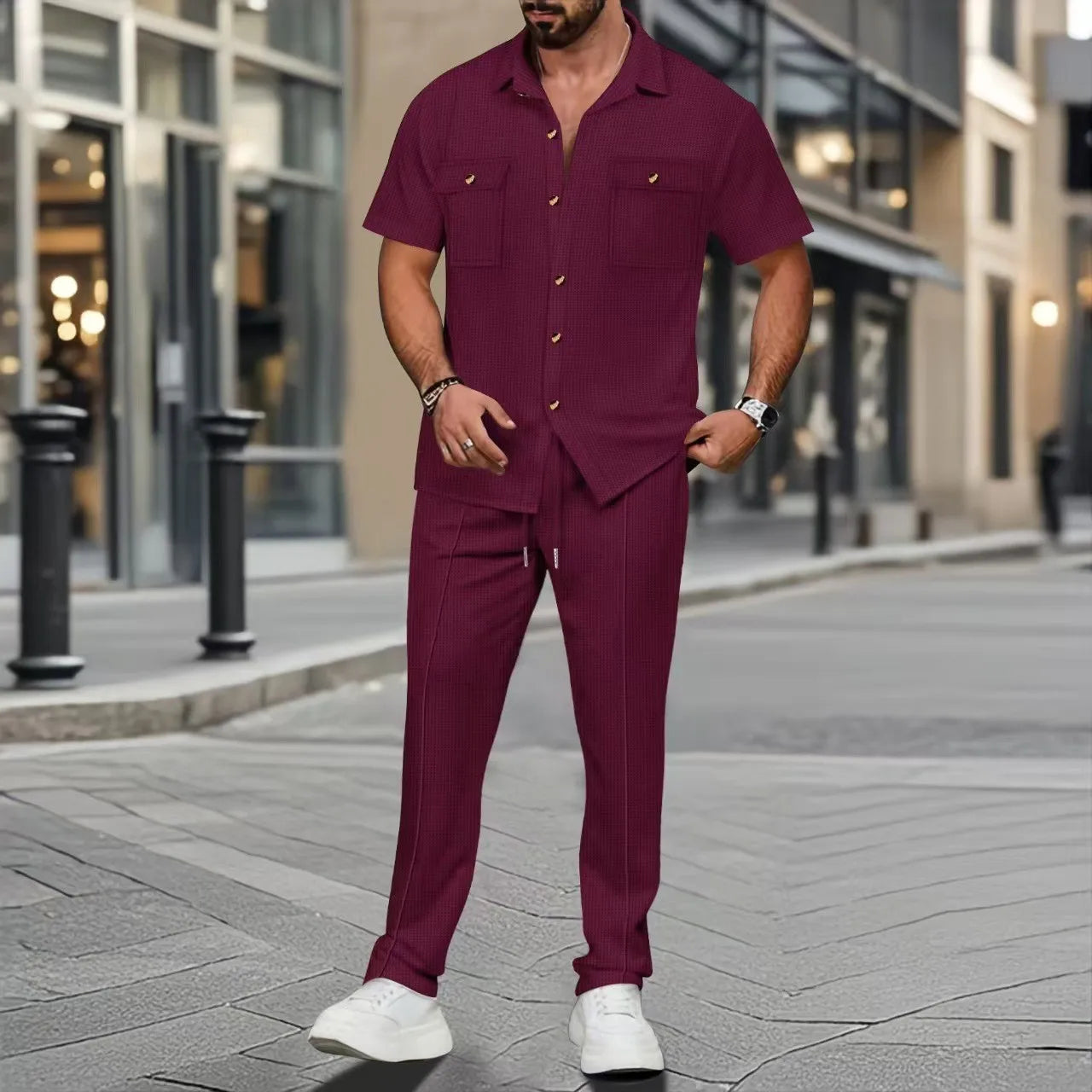 2025 Cross-Border Men'S Summer New Solid Color Button-Up Pocket Shirt Short-Sleeved Trousers Two-Piece Set
