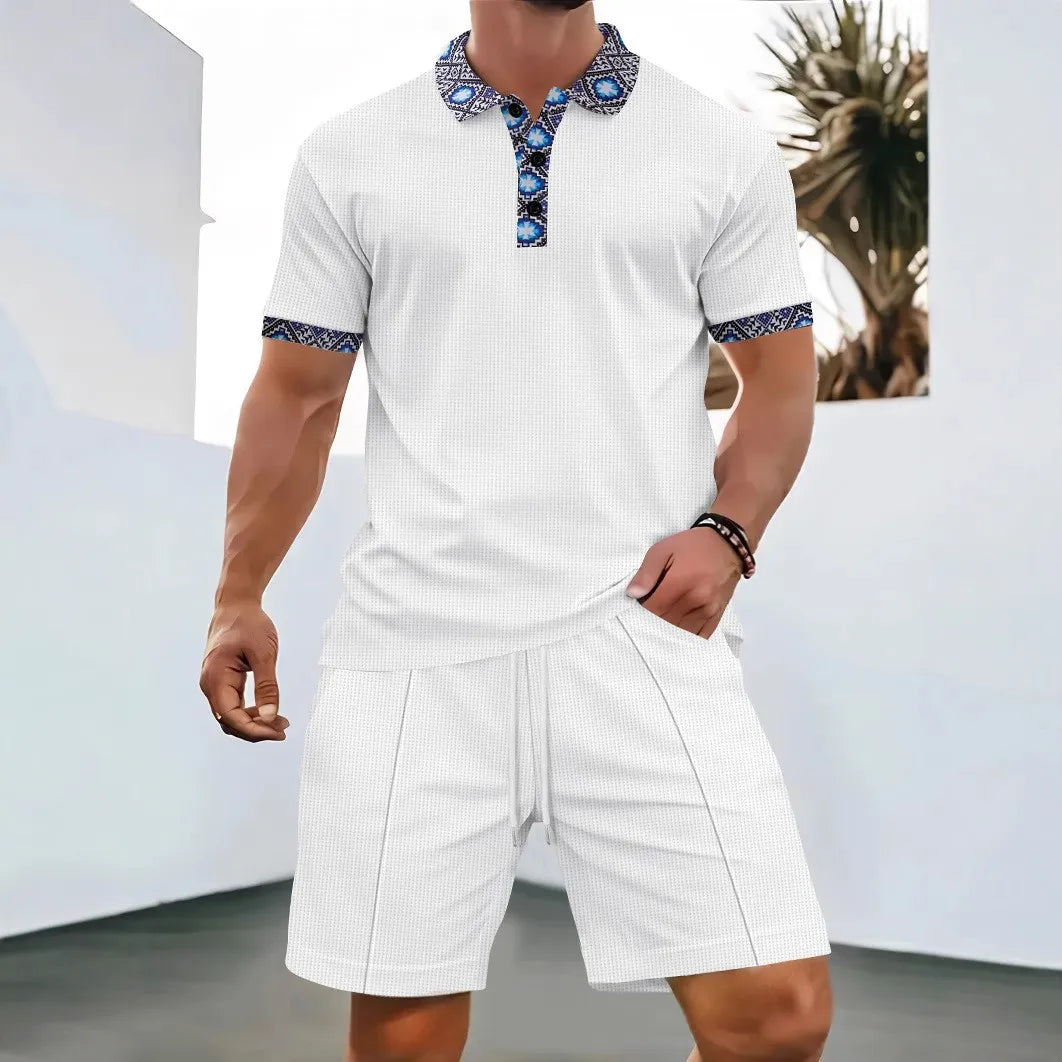 2025 Men's Summer Waffle Solid Color Zip-Up Lapel Short Sleeve Suit and Shorts Set - Europe and USA Edition