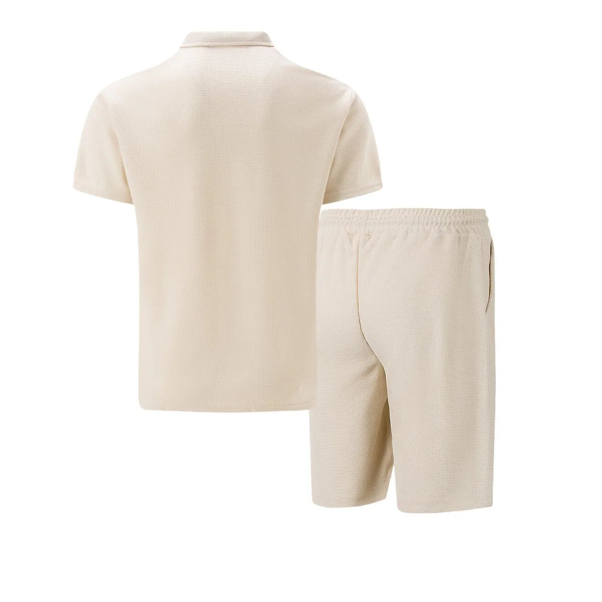 2025 Men's Summer Waffle Solid Color Zip-Up Lapel Short Sleeve Suit and Shorts Set - Europe and USA Edition