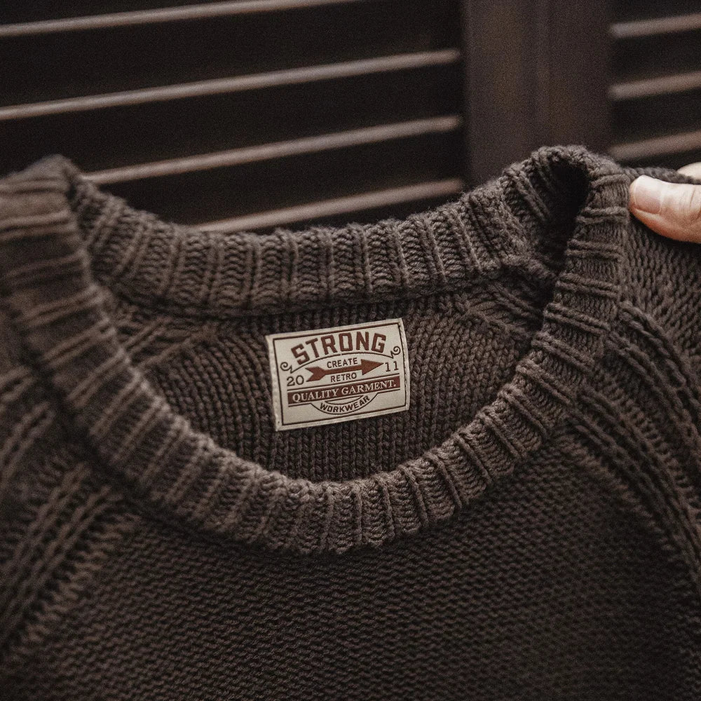 New Vintage Heavyweight Knitted Crew-Neck Sweater Brown Warm Pullover Men'S Versatile Top for Autumn and Winter Knitwear