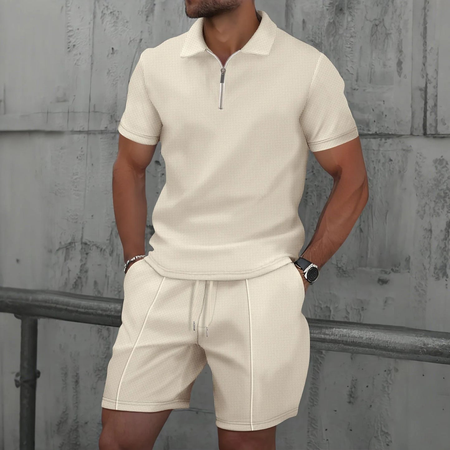 2025 Men's Summer Waffle Solid Color Zip-Up Lapel Short Sleeve Suit and Shorts Set - Europe and USA Edition