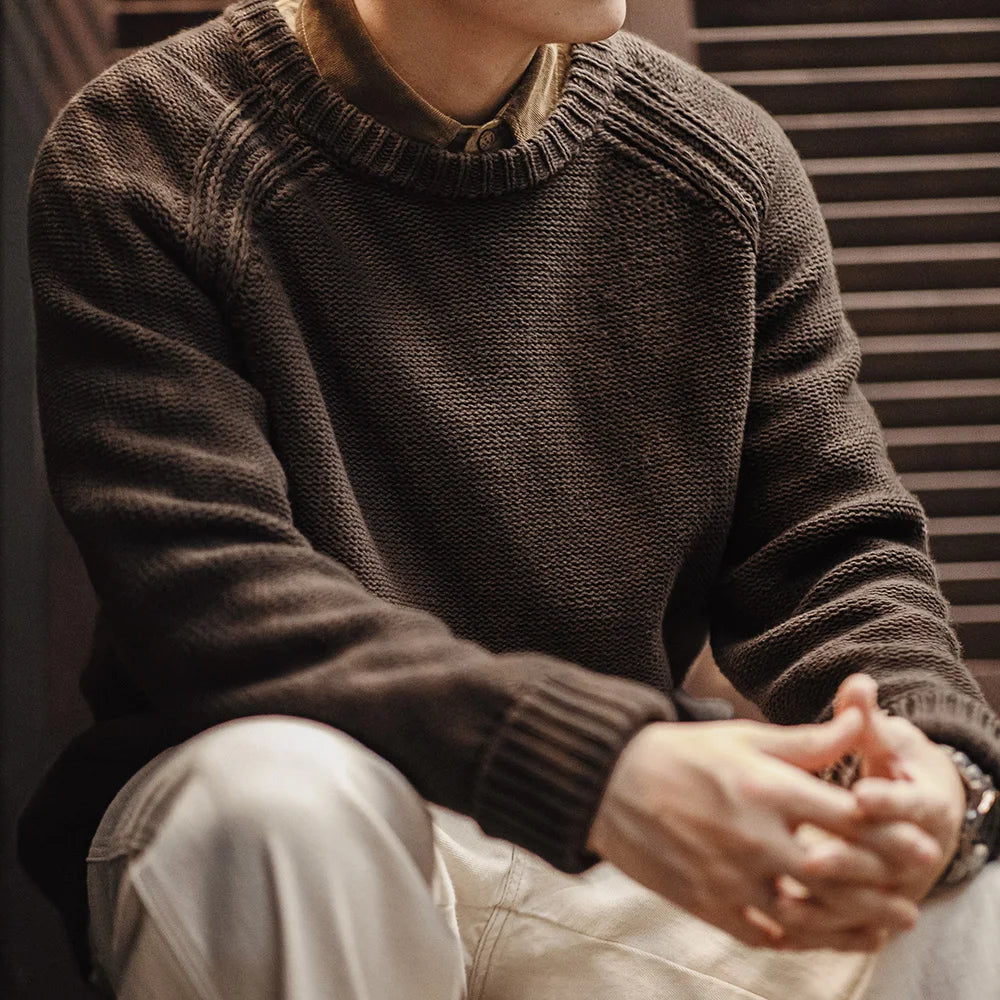 New Vintage Heavyweight Knitted Crew-Neck Sweater Brown Warm Pullover Men'S Versatile Top for Autumn and Winter Knitwear
