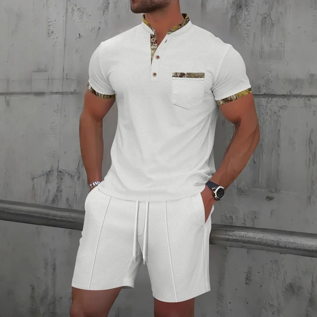 2025 Men's Summer Waffle Solid Color Zip-Up Lapel Short Sleeve Suit and Shorts Set - Europe and USA Edition