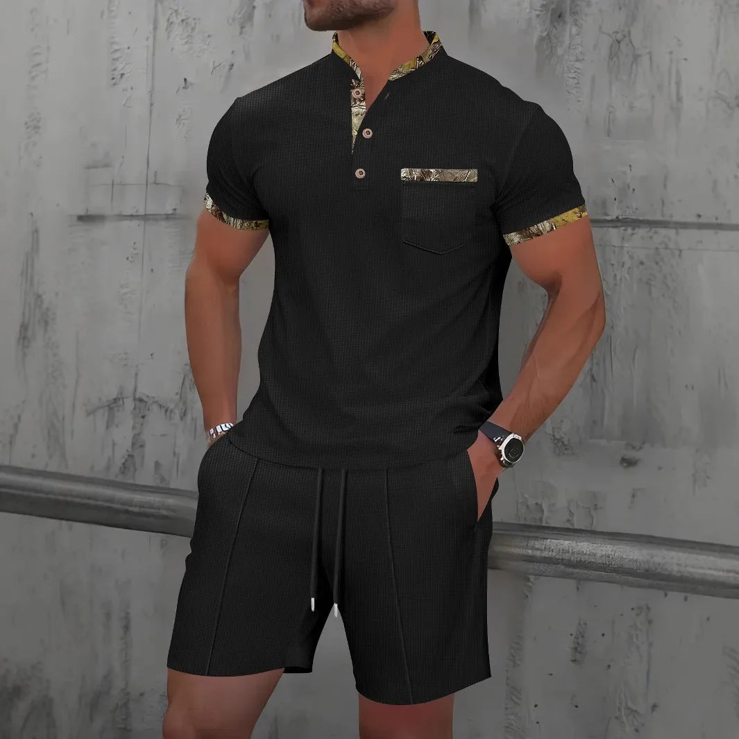 2025 Men's Summer Waffle Solid Color Zip-Up Lapel Short Sleeve Suit and Shorts Set - Europe and USA Edition