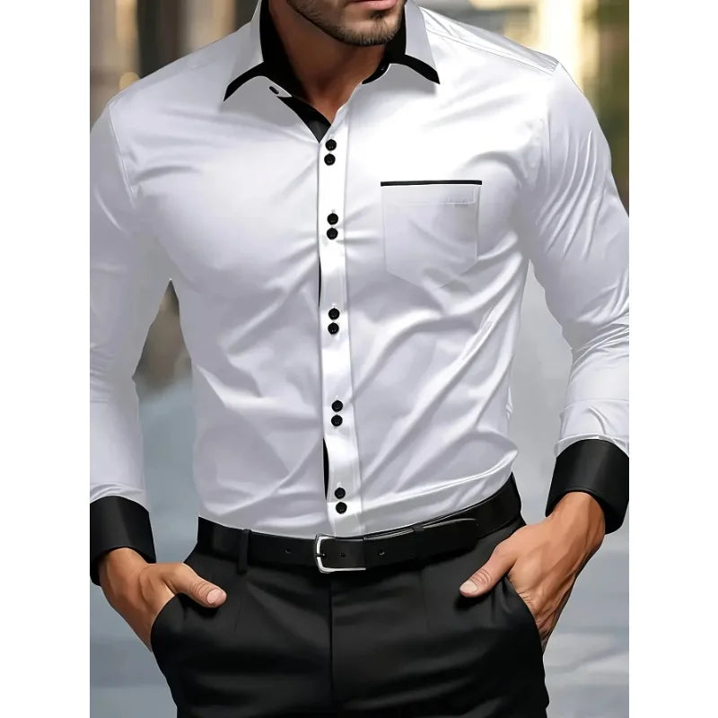 Men White Shirt Brand New Men'S Fashion Patchwork Long Sleeve Elastic Shirt Four Season Male Casual Shirts