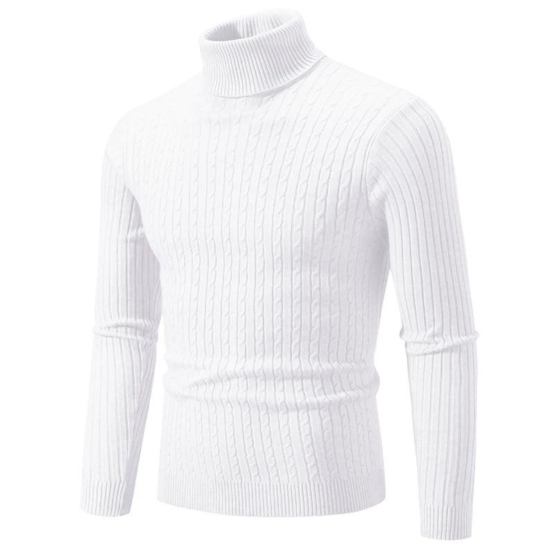 Men's High Neck Woolen Pullover Sweater - Solid Color Turtleneck for Winter Outdoor Wear