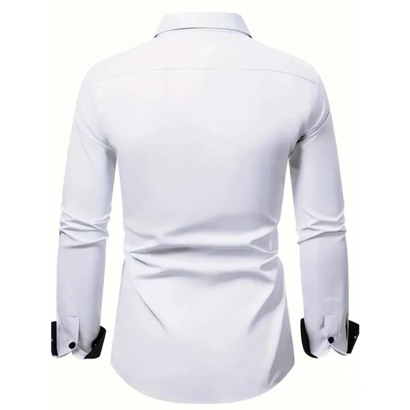 Men White Shirt Brand New Men'S Fashion Patchwork Long Sleeve Elastic Shirt Four Season Male Casual Shirts