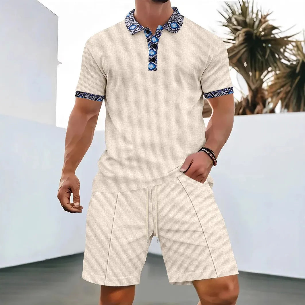 2025 Men's Summer Waffle Solid Color Zip-Up Lapel Short Sleeve Suit and Shorts Set - Europe and USA Edition