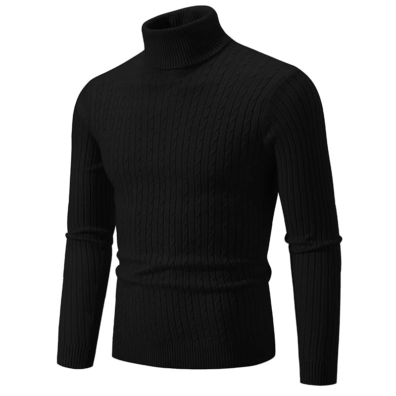 Men's High Neck Woolen Pullover Sweater - Solid Color Turtleneck for Winter Outdoor Wear