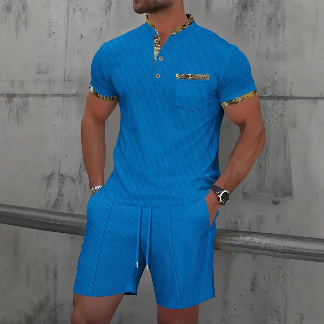 2025 Men's Summer Waffle Solid Color Zip-Up Lapel Short Sleeve Suit and Shorts Set - Europe and USA Edition