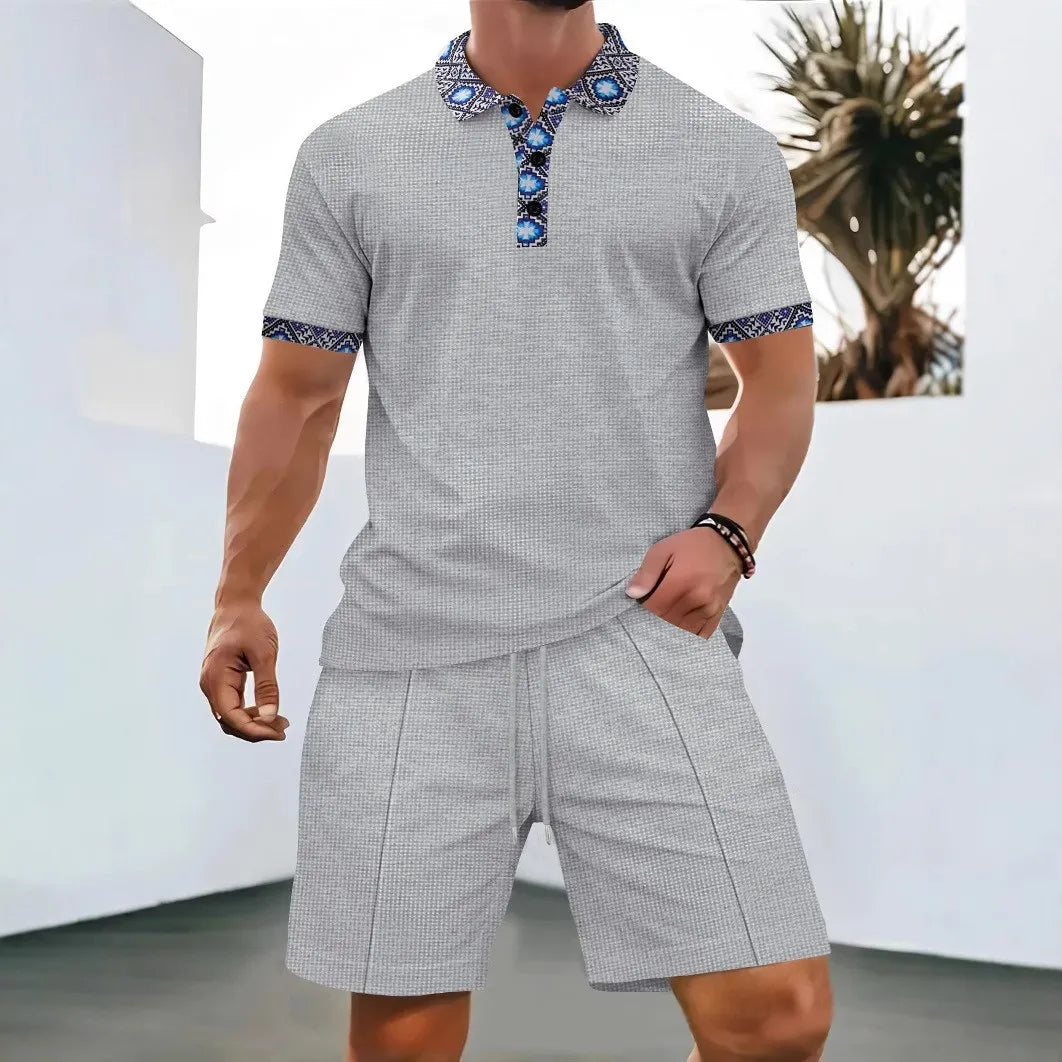 2025 Men's Summer Waffle Solid Color Zip-Up Lapel Short Sleeve Suit and Shorts Set - Europe and USA Edition