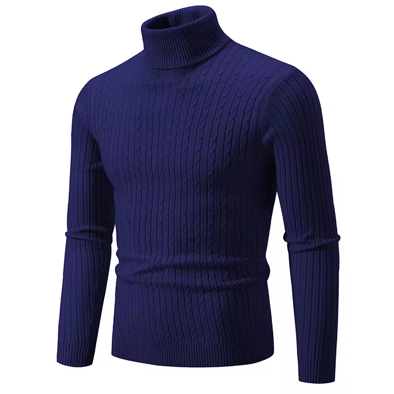 Men's High Neck Woolen Pullover Sweater - Solid Color Turtleneck for Winter Outdoor Wear