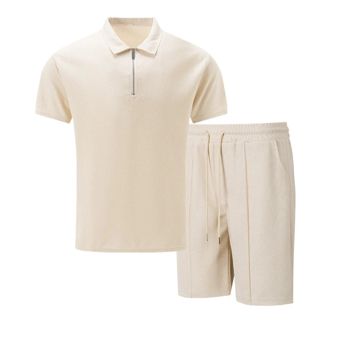 2025 Men's Summer Waffle Solid Color Zip-Up Lapel Short Sleeve Suit and Shorts Set - Europe and USA Edition