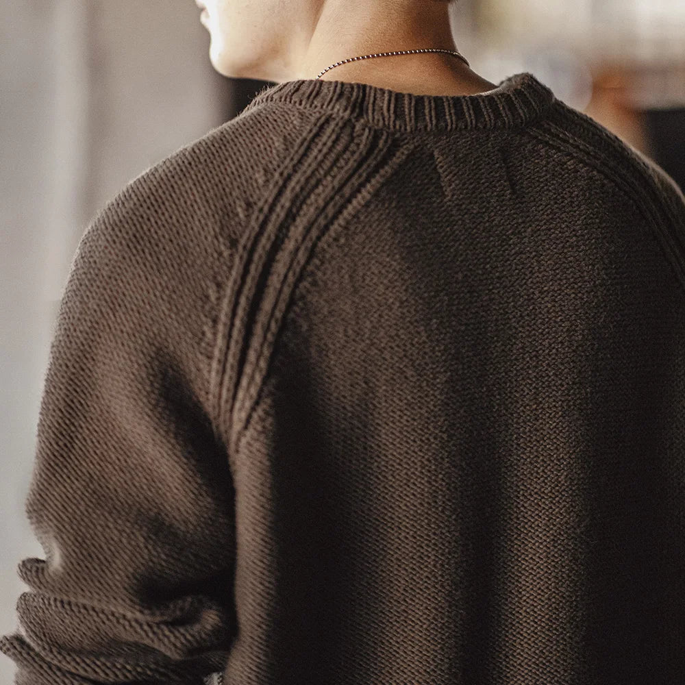 New Vintage Heavyweight Knitted Crew-Neck Sweater Brown Warm Pullover Men'S Versatile Top for Autumn and Winter Knitwear