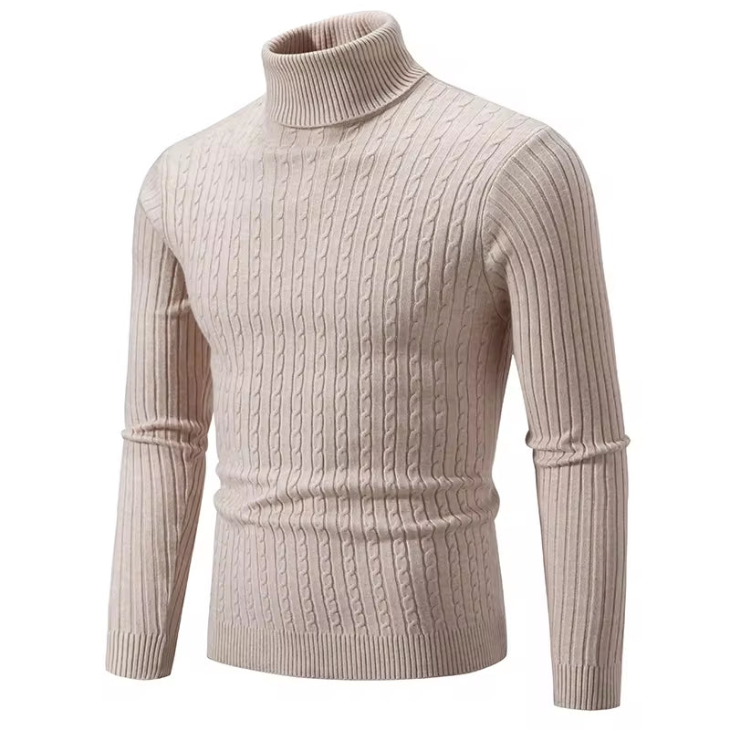 Men's High Neck Woolen Pullover Sweater - Solid Color Turtleneck for Winter Outdoor Wear