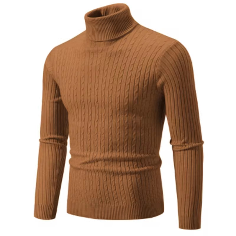 Men's High Neck Woolen Pullover Sweater - Solid Color Turtleneck for Winter Outdoor Wear