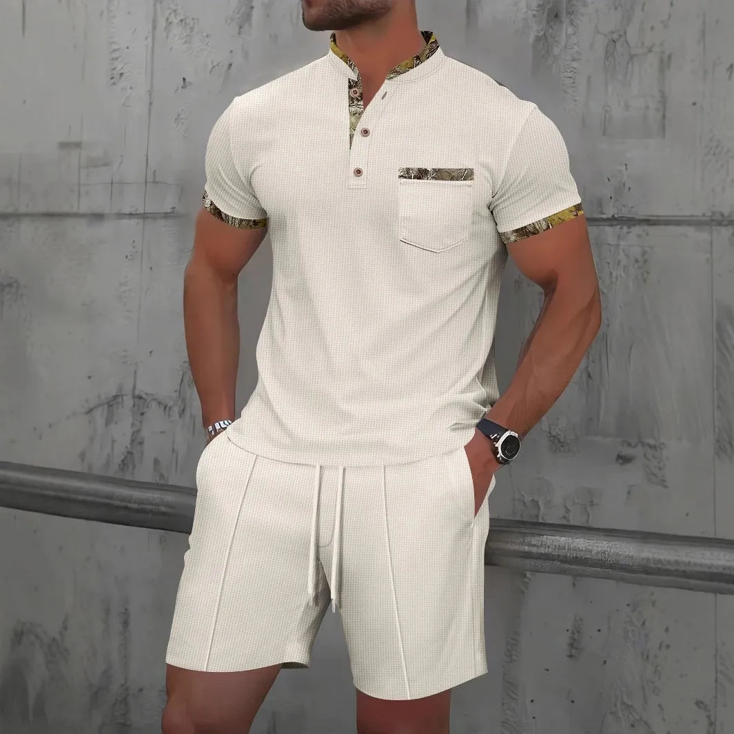 2025 Men's Summer Waffle Solid Color Zip-Up Lapel Short Sleeve Suit and Shorts Set - Europe and USA Edition