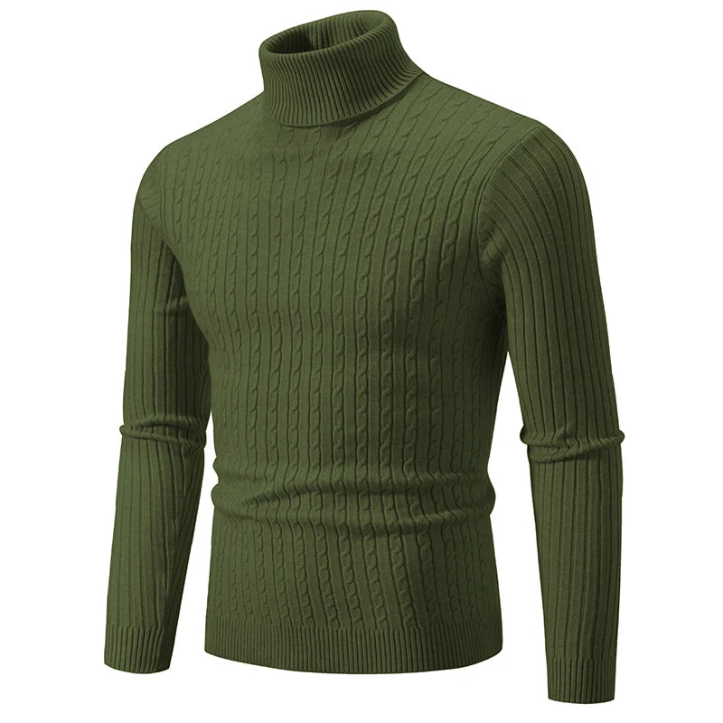 Men's High Neck Woolen Pullover Sweater - Solid Color Turtleneck for Winter Outdoor Wear