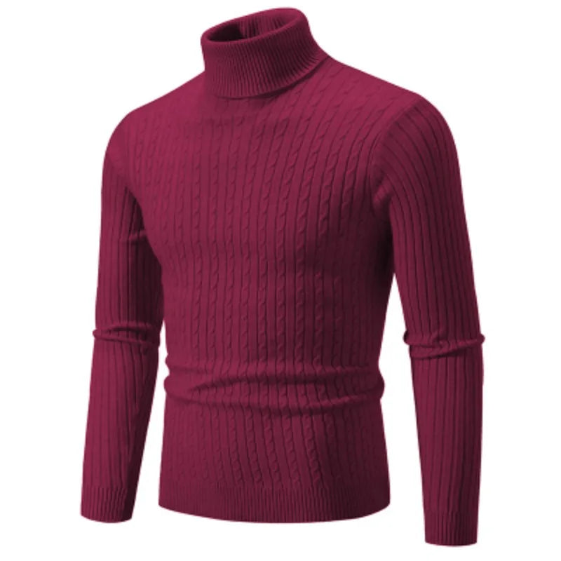 Men's High Neck Woolen Pullover Sweater - Solid Color Turtleneck for Winter Outdoor Wear