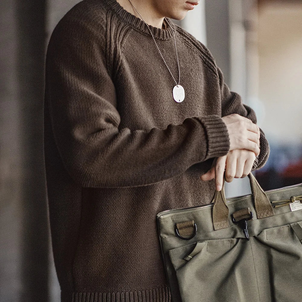 New Vintage Heavyweight Knitted Crew-Neck Sweater Brown Warm Pullover Men'S Versatile Top for Autumn and Winter Knitwear