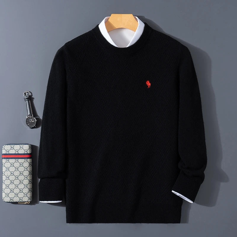 Autumn and Winter round Neck 100% Wool Sweater Men'S Sweater with Knitted Warm Base Sweater, High-End Top