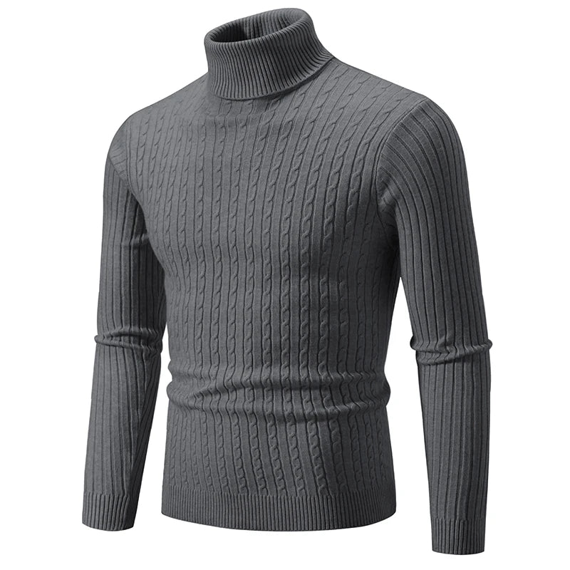 Men's High Neck Woolen Pullover Sweater - Solid Color Turtleneck for Winter Outdoor Wear