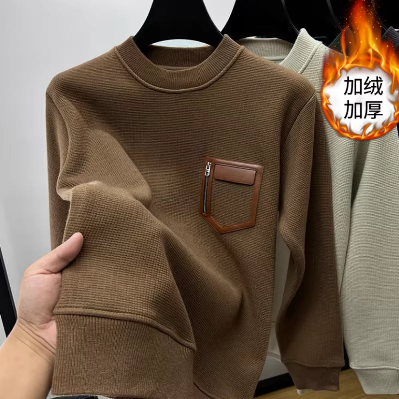 Autumn Winter Men Trendy Vintage Simple Fleece Warm Sweatshirt Y2K Casual Streetwearhoodie Solid Long Sleeve Loose Pullover Tops