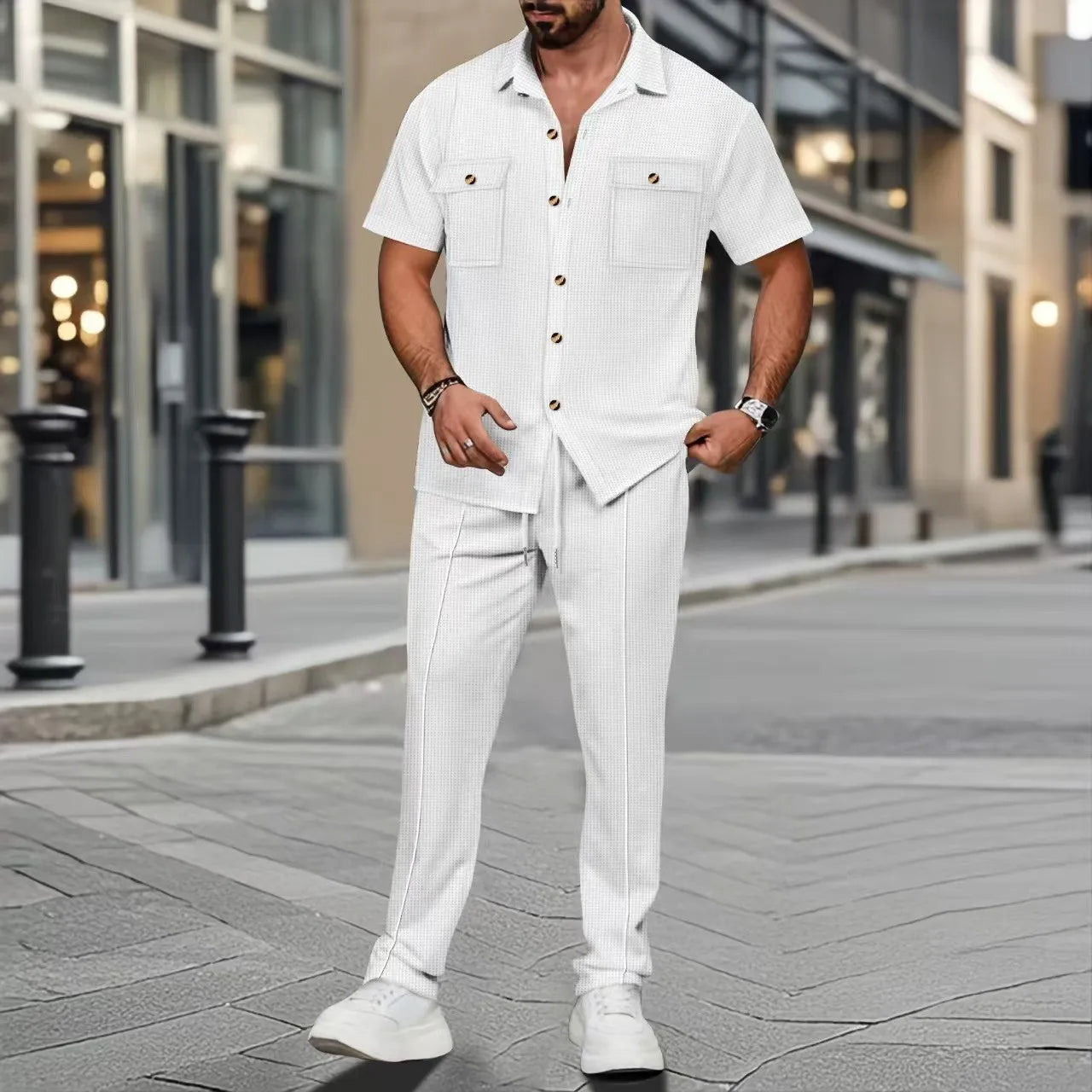2025 Cross-Border Men'S Summer New Solid Color Button-Up Pocket Shirt Short-Sleeved Trousers Two-Piece Set