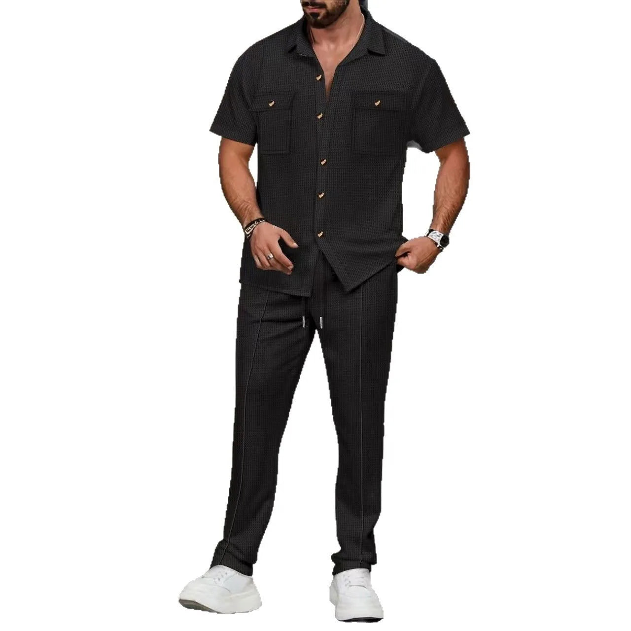 2025 Cross-Border Men'S Summer New Solid Color Button-Up Pocket Shirt Short-Sleeved Trousers Two-Piece Set