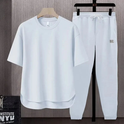 Summer Trend Loose Solid Color Breathable Men'S Cotton Casual Short-Sleeved Drawstring Pants Two-Piece T-Shirt Set