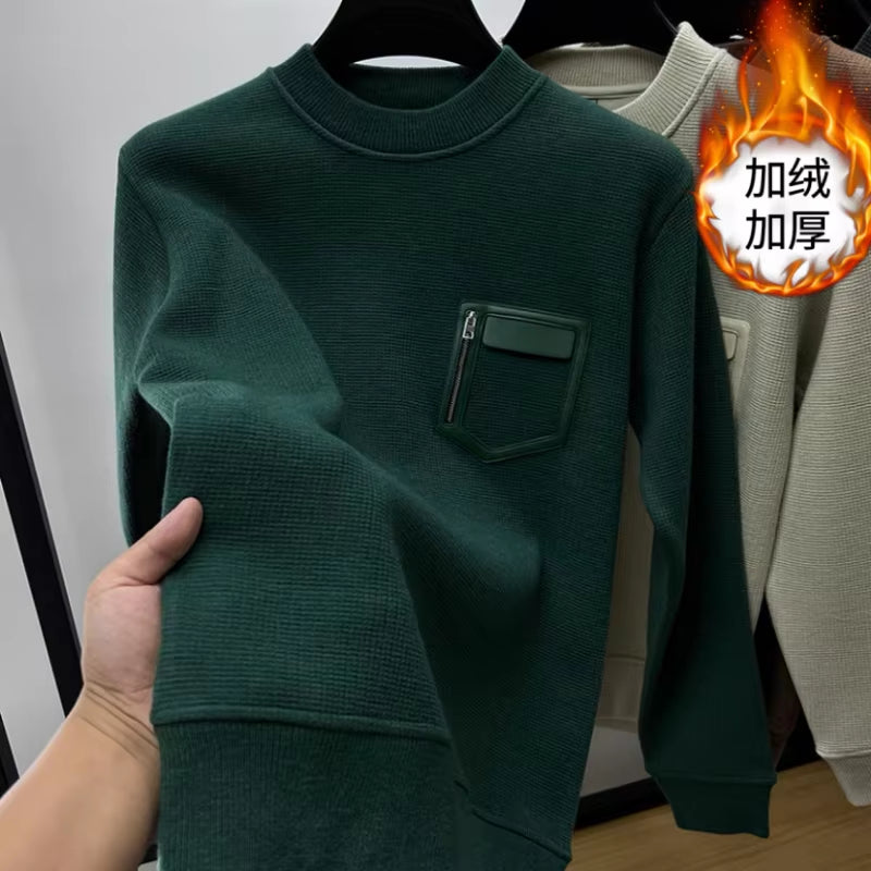 Autumn Winter Men Trendy Vintage Simple Fleece Warm Sweatshirt Y2K Casual Streetwearhoodie Solid Long Sleeve Loose Pullover Tops