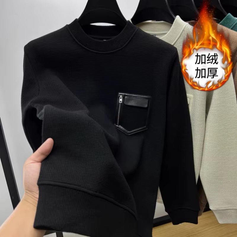 Autumn Winter Men Trendy Vintage Simple Fleece Warm Sweatshirt Y2K Casual Streetwearhoodie Solid Long Sleeve Loose Pullover Tops