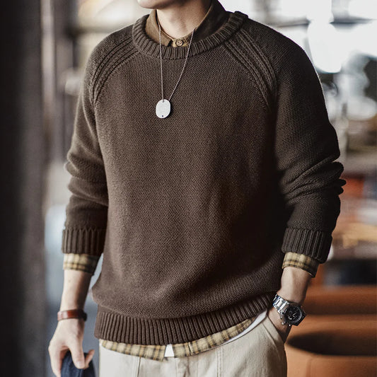 New Vintage Heavyweight Knitted Crew-Neck Sweater Brown Warm Pullover Men'S Versatile Top for Autumn and Winter Knitwear