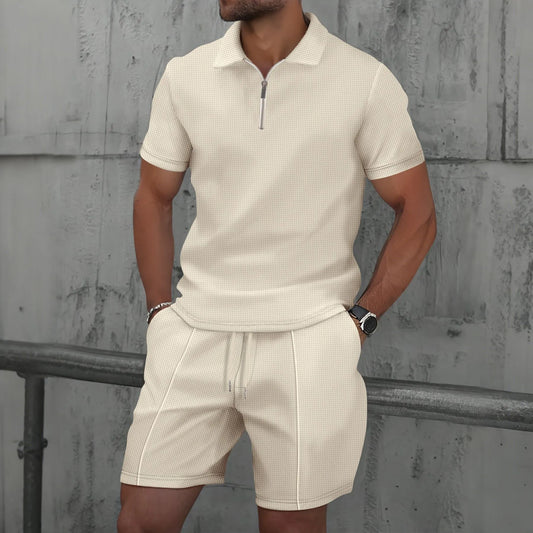 2025 Men's Summer Waffle Solid Color Zip-Up Lapel Short Sleeve Suit and Shorts Set - Europe and USA Edition