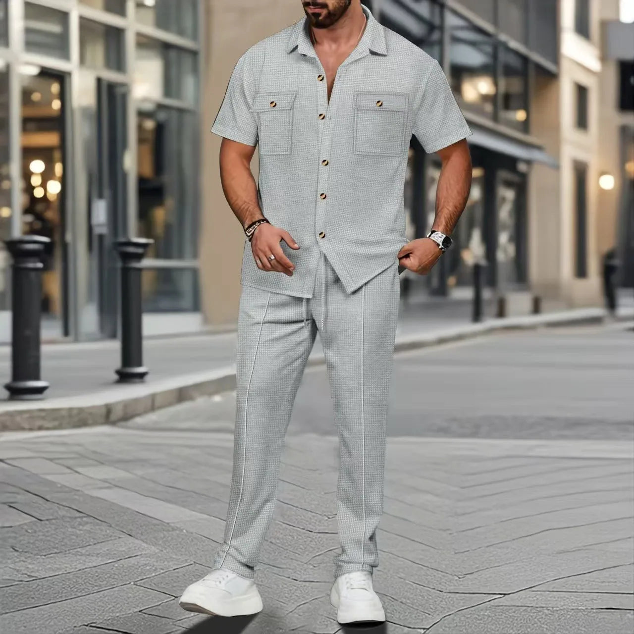 2025 Cross-Border Men'S Summer New Solid Color Button-Up Pocket Shirt Short-Sleeved Trousers Two-Piece Set