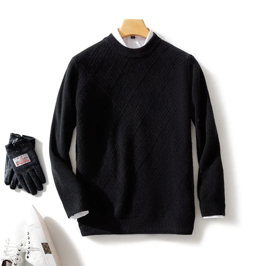 Autumn and Winter round Neck 100% Wool Sweater Men'S Sweater with Knitted Warm Base Sweater, High-End Top