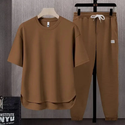 Summer Trend Loose Solid Color Breathable Men'S Cotton Casual Short-Sleeved Drawstring Pants Two-Piece T-Shirt Set