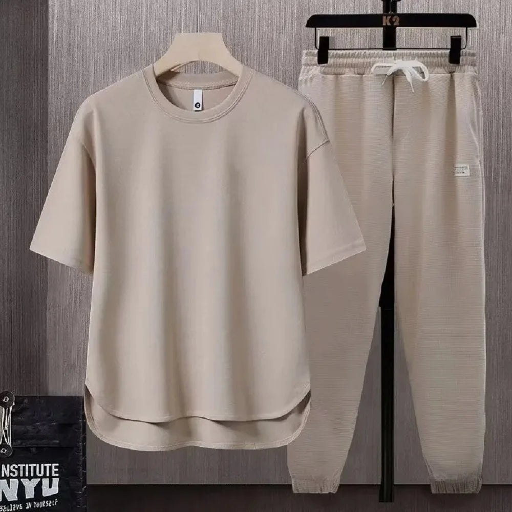 Summer Trend Loose Solid Color Breathable Men'S Cotton Casual Short-Sleeved Drawstring Pants Two-Piece T-Shirt Set