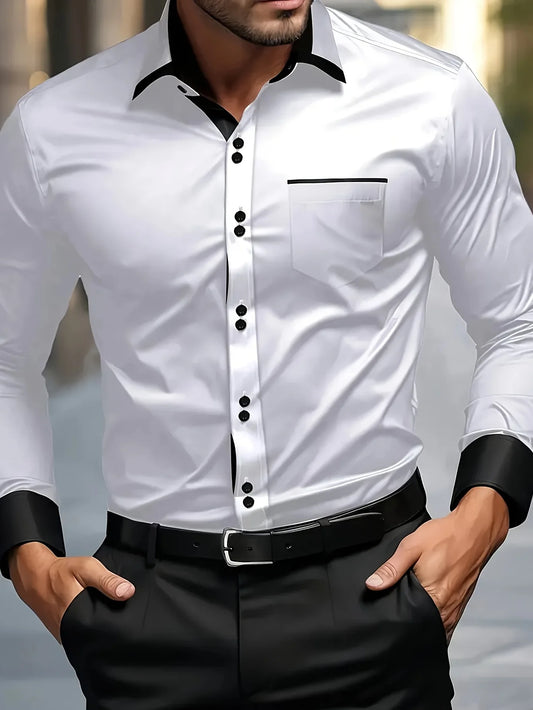 Men White Shirt Brand New Men'S Fashion Patchwork Long Sleeve Elastic Shirt Four Season Male Casual Shirts