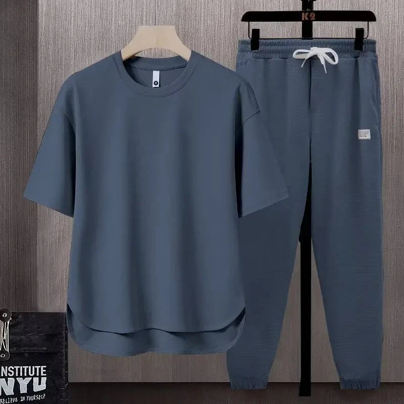 Summer Trend Loose Solid Color Breathable Men'S Cotton Casual Short-Sleeved Drawstring Pants Two-Piece T-Shirt Set