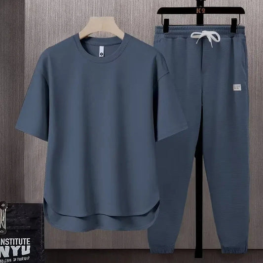 Summer Trend Loose Solid Color Breathable Men'S Cotton Casual Short-Sleeved Drawstring Pants Two-Piece T-Shirt Set