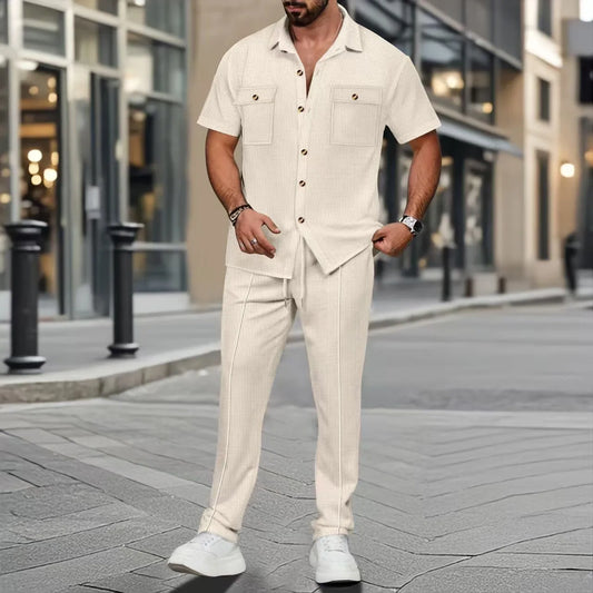 2025 Cross-Border Men'S Summer New Solid Color Button-Up Pocket Shirt Short-Sleeved Trousers Two-Piece Set