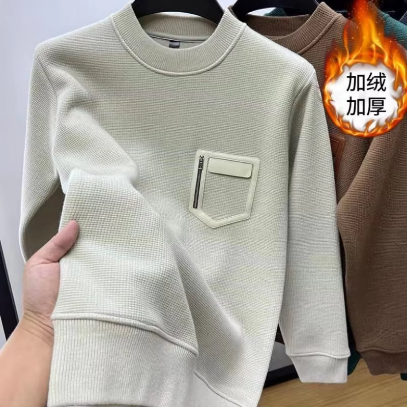 Autumn Winter Men Trendy Vintage Simple Fleece Warm Sweatshirt Y2K Casual Streetwearhoodie Solid Long Sleeve Loose Pullover Tops