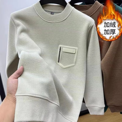 Autumn Winter Men Trendy Vintage Simple Fleece Warm Sweatshirt Y2K Casual Streetwearhoodie Solid Long Sleeve Loose Pullover Tops