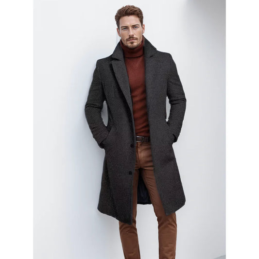 New Men'S Coat Warm Mid-Length Solid Color Autumn and Winter Coat Youth Daily Men'S Coat