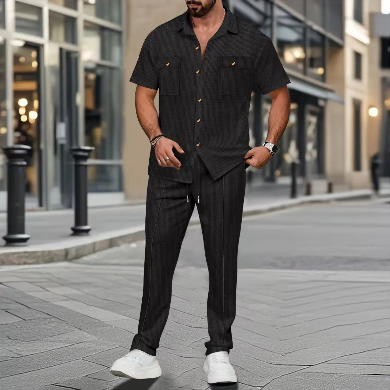 2025 Cross-Border Men'S Summer New Solid Color Button-Up Pocket Shirt Short-Sleeved Trousers Two-Piece Set