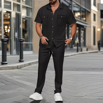 2025 Cross-Border Men'S Summer New Solid Color Button-Up Pocket Shirt Short-Sleeved Trousers Two-Piece Set