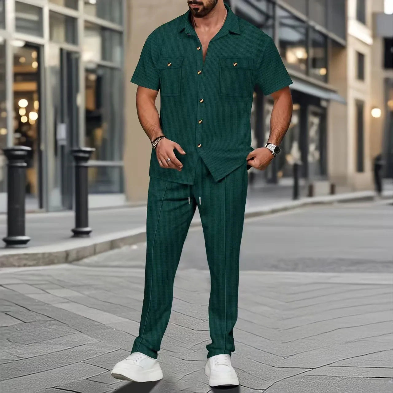 2025 Cross-Border Men'S Summer New Solid Color Button-Up Pocket Shirt Short-Sleeved Trousers Two-Piece Set